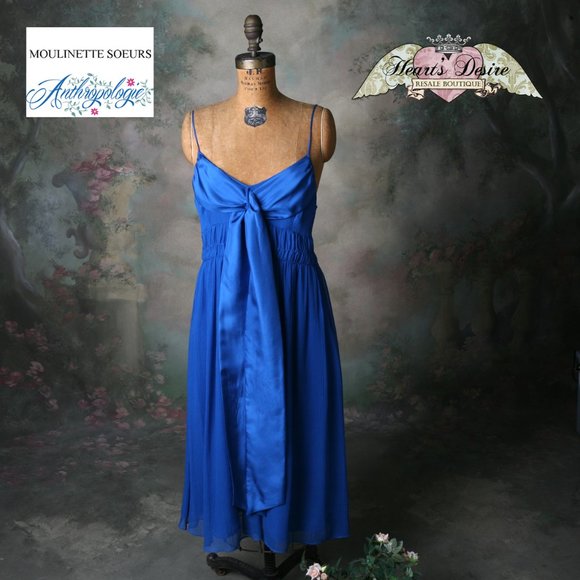 Moulinette Soeurs Anthro Blue Silk Tie Dress Sz10 - Picture 1 of 16